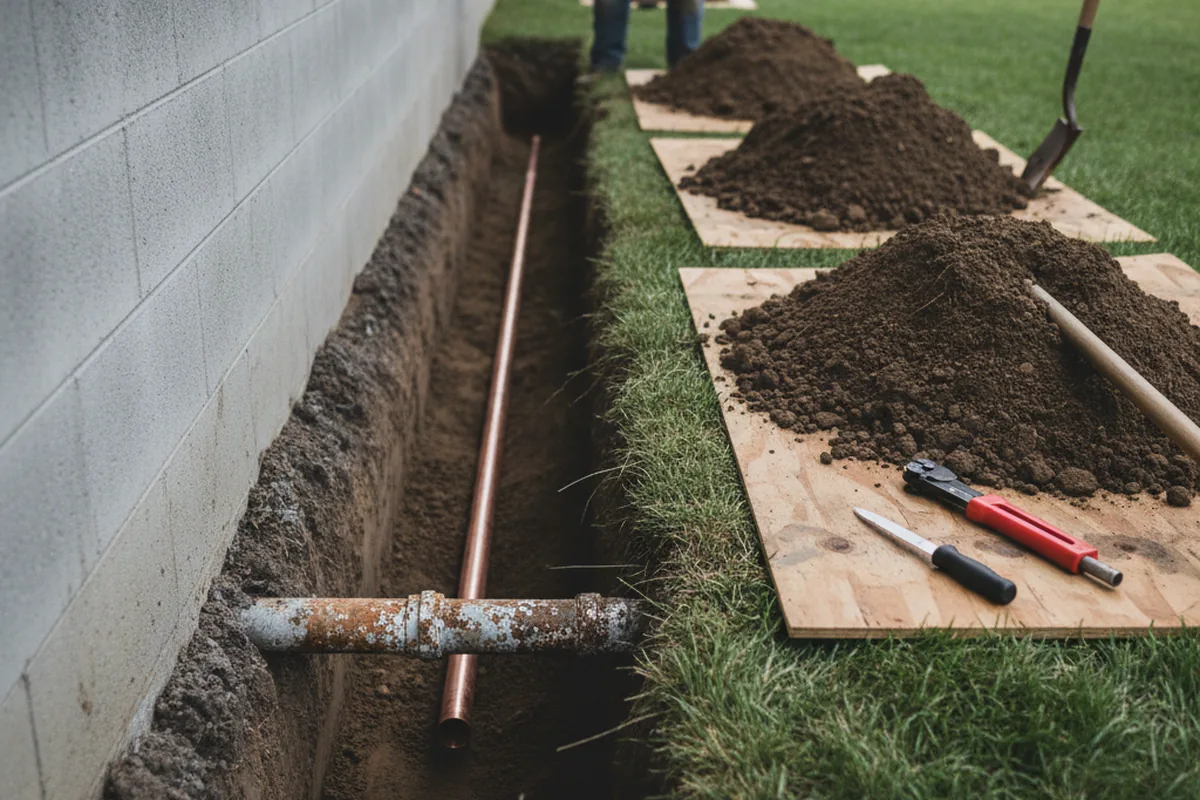 Excavated water line trench during Water Softener Installation in Herriman